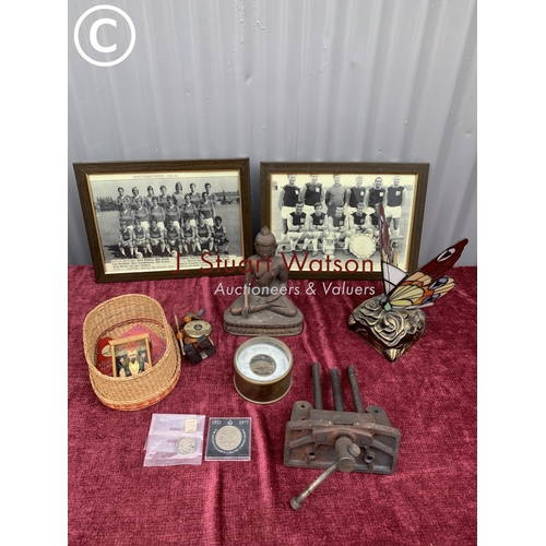 551 - 2 West Ham photos, Tiffany style lamp, metal goddess figure, vice and coins