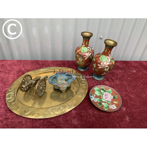 571 - Pair Cloisonne vases, height 23cms, dish and bowl, Art Nouveau brass tray and cannon