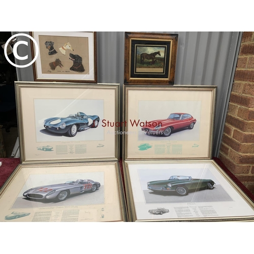 576 - 4 framed car prints, dog drawing and horse picture on glass