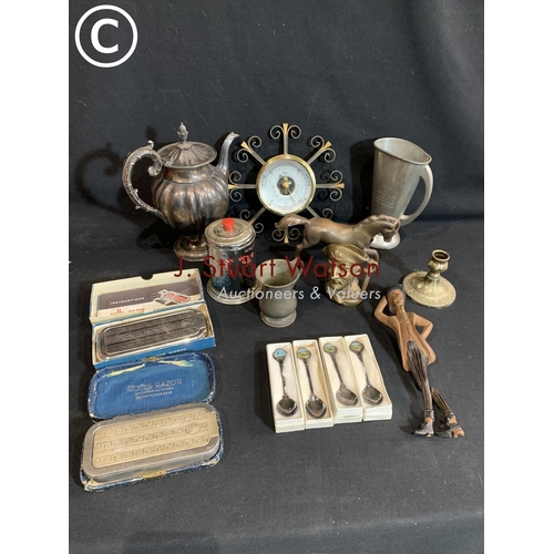 594 - Two Rolls Razors, carved wooden Figure and assorted metalware