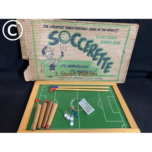 601 - Vintage Soccerette football game, scrabble and dominoes (box and bag)