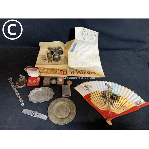 609 - Indenture, metalware, rule, Pendants, medallion etc