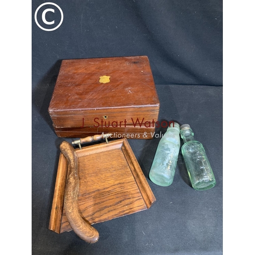 633 - 2 cutlery boxes, crumb scoop, and 2 glass bottles, W Bodkin of Maidstone and R W White