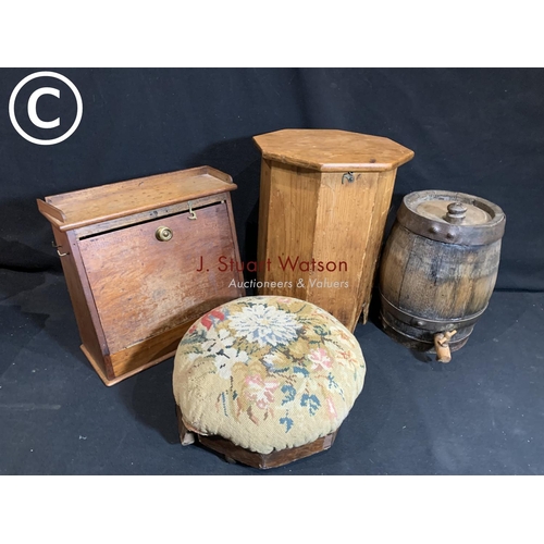 634 - Wooden barrell, box, cabinet and footstool