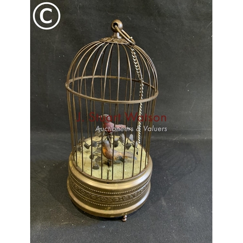 644 - Vintage twin singing bird in cage, height 28cms