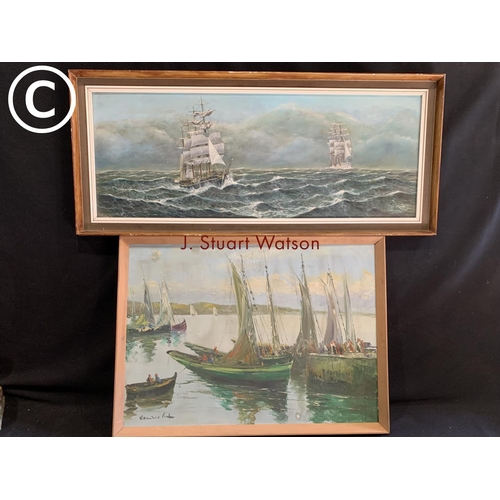 661 - 2 framed and signed oil paintings, top painting 99 x 44cms, sailing barges 73 x 53cms