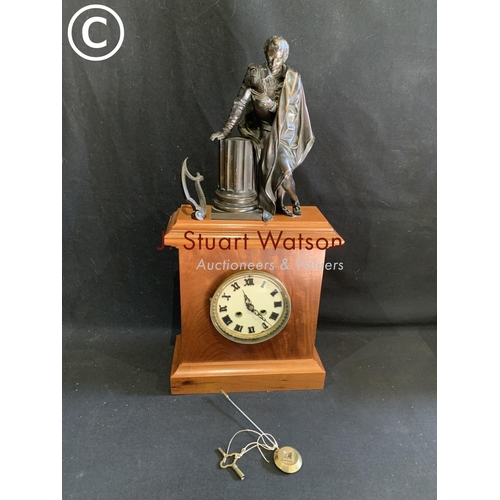 663 - Mahogany Cased Figure Clock with French Movement, key and pendulum, height 57cms