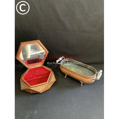 665 - Inlaid musical jewellery box and copper planter