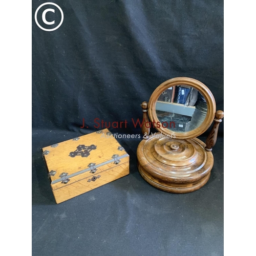 680 - Wooden circular dressing mirror, 30cms tall and wooden box