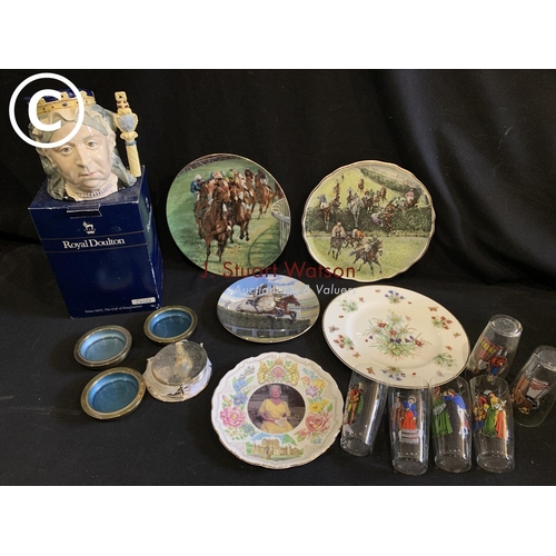 690 - 3 racing plates and 2 others, silverplated coasters and Doulton Toby, Queen Victoria