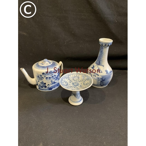 732 - Oriental blue and white teapot, vase 19cms tall and small dish on stand