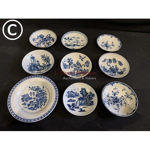 735 - Nine early Worcester blue and white saucers, various patterns