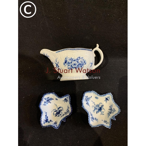 737 - Pair of early blue and white pickle dishes,  diameter 8.5 cms and cream jug