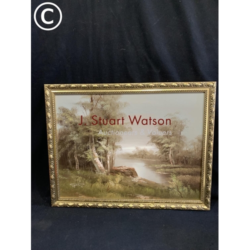 750 - Pair of gilt framed oil on canvas country scenes each 64 x 54 cms and gilt framed oil of wooded lake... 