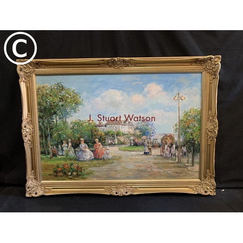 776 - Large gilt framed oil of period park scene  107 x 77 cms