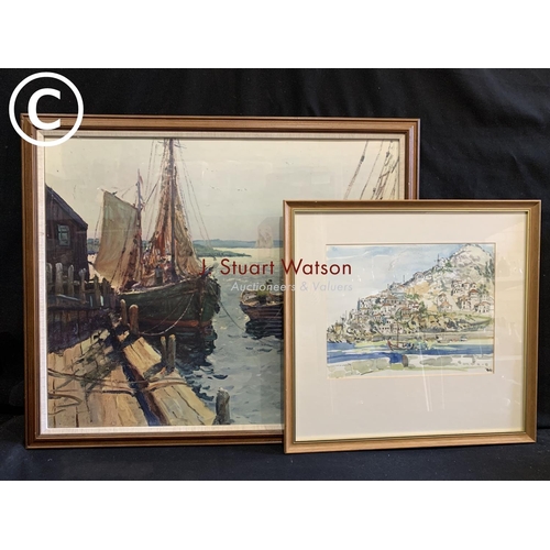 777 - Large framed print of fishing boats  and watercolour of mediterranean coastal village