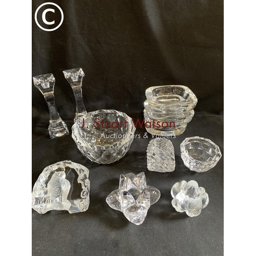 799 - Orrefors glass bowl, pair Irena glass candlesticks, two Kosta pots, glass ashtrays, two candle holde... 