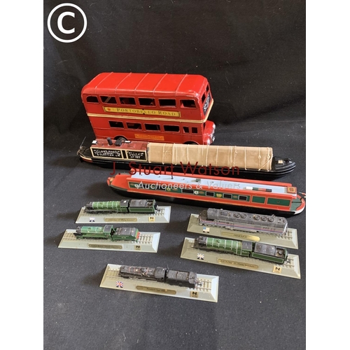 806 - Model tin bus, two model barges and five N guage model trains