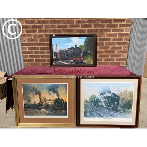 813 - Two Terence Cuneo railway prints and  oil of steam engine Signed Allen Towler '94