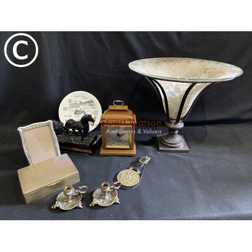 818 - Elliot mantel clock, glass vase in stand, brassware, coal Figure & Telford plate