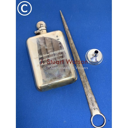 864 - Modern Hallmarked Silver hip flask & funnel, engraved and Hallmarked Silver meat skewer length 25 cm... 