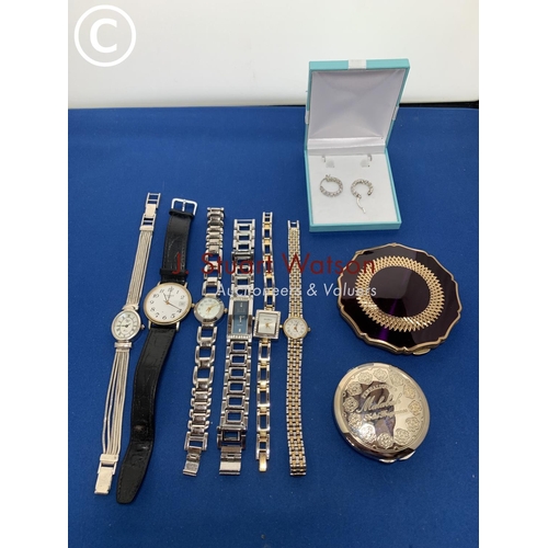 870 - Six ladies watches and pair of earrings and two compacts