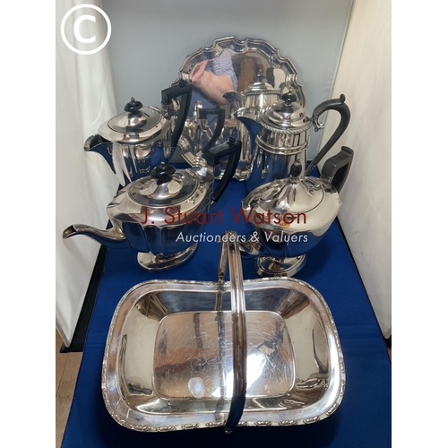 890a - Silver Plated ware, Salver, cake basket, two teapots, coffee pot and hot water jug