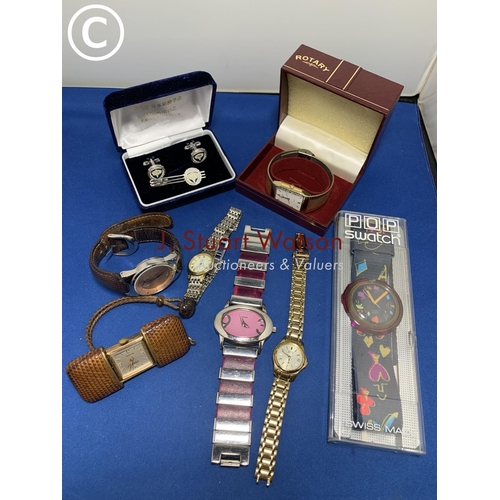 890c - Pop Swatch Watch, six other watches and cufflink set