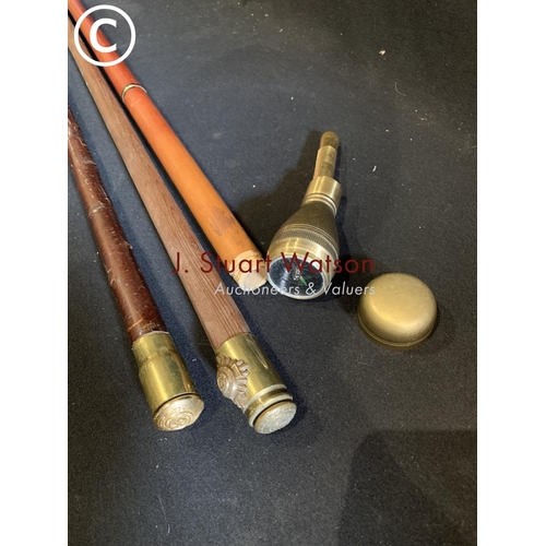 916 - Brass compass topped stick and two others with regimental badges