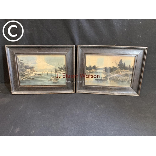 919 - Pair of 1920's Japanese pictures on silk in oak frames each 34 x 26 cms