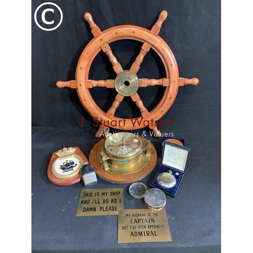 922 - Presentation Ships Wheel diameter 60 cms, heavy brass battery ships clock, plaques and hip flask