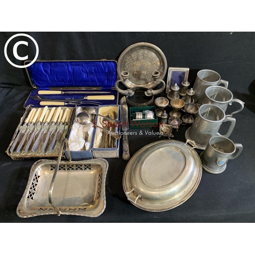 929 - Cased bone handled Silver plated dessert set, carving set, plated ware and pewter tankards