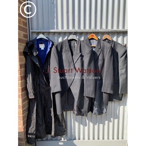 935 - Two tail coats, black jacket and Claybourn Australian Long Wax coat size 7