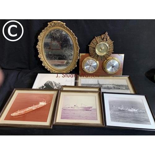 936 - Two barometers, gilt mirror and six framed naval photos