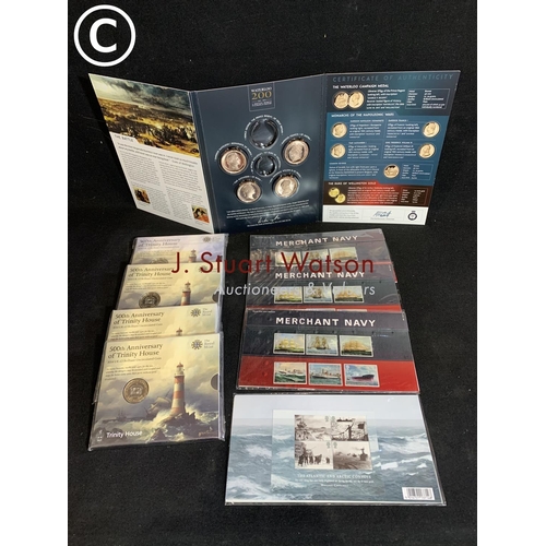 943 - Four uncirculated Trinity House Â£2 coins, four Merchant Navy presentation packs and part Waterloo B... 