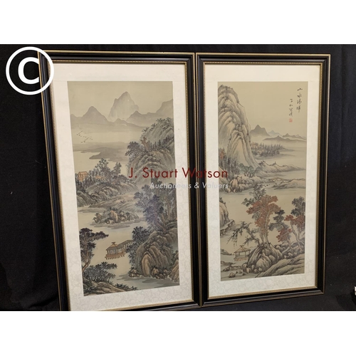 945 - A pair of large framed Japanese pictures on silk, each 51x94 and one other