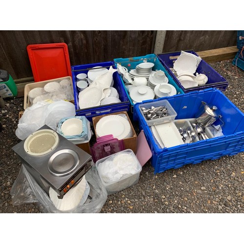 965 - Large quantity of catering white china, plates, tableware, stainless cutlery and accessories