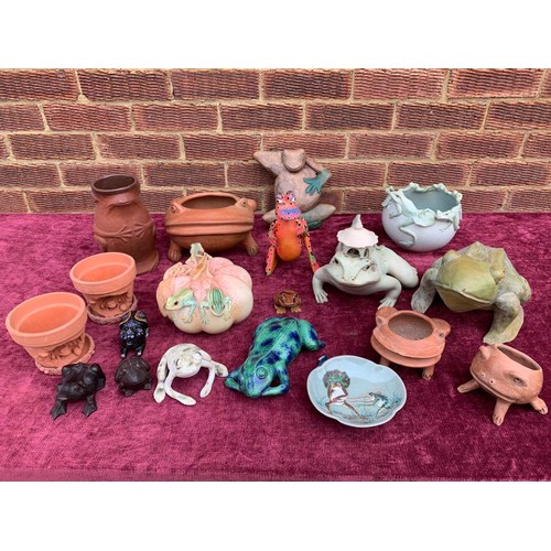 395 - Collection of wooden and ceramic frog figures and planters