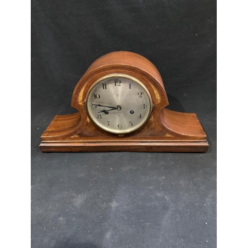 975 - Inlaid Mantel Clock with key and pendulum