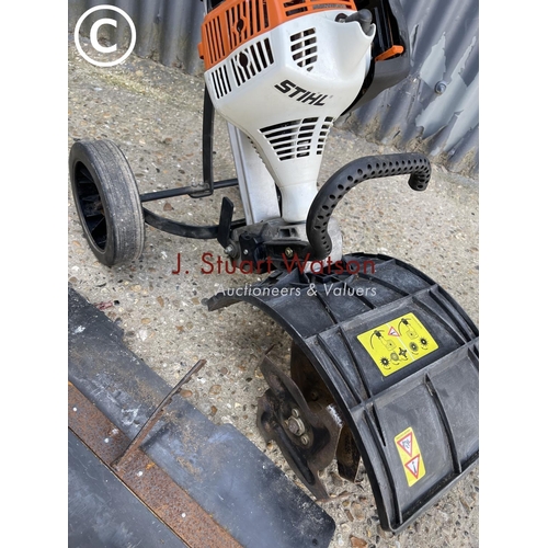 360l - A Stihl mm55 power rotovator with attachments including pair of brushes