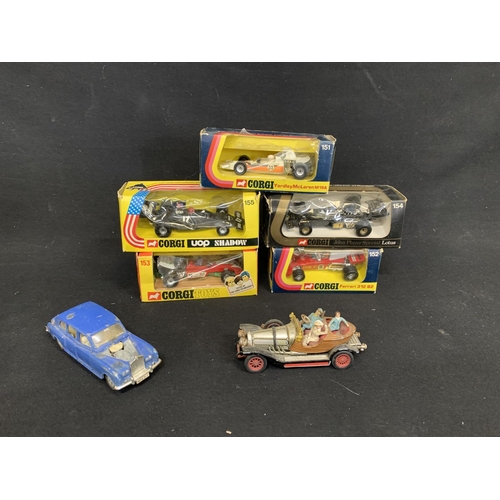 578 - 5 boxed Corgi Racing cars and unboxed Chitty Chitty Bang Bang and Dinky Phantom 5 a/f