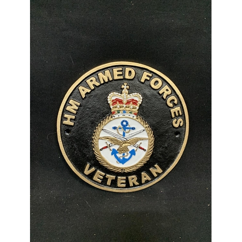 619 - HM armed forces veteran cast iron plaque, 23.5cms