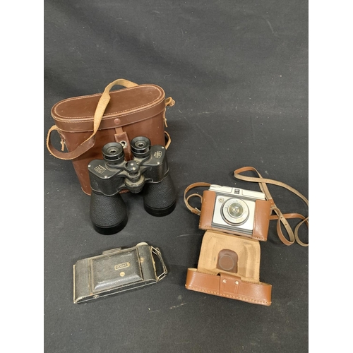 632 - Pair leather cased Ross binocs 13 x 60, Kodak Camera and one other