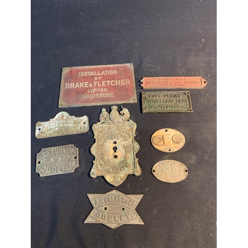 636 - 9 cast brass and iron engineering and safe name plates