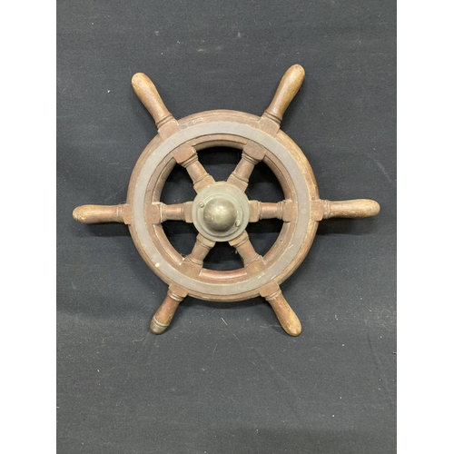 637 - Vintage mahogany and brass ships wheel diameter 47 cms