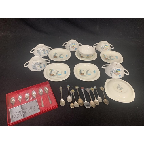 745 - Midwinter Riviera soup set (one with handle missing) and teaspoons