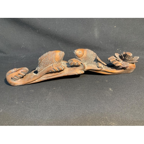 848 - Carved wooden Rui Sceptre with fish decoration,  length 40 cms