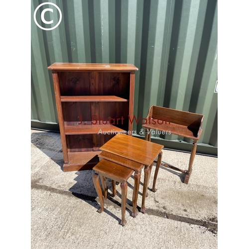 356 - Mahogany open fronted bookcase together with mahogany book table and mahogany nest of three