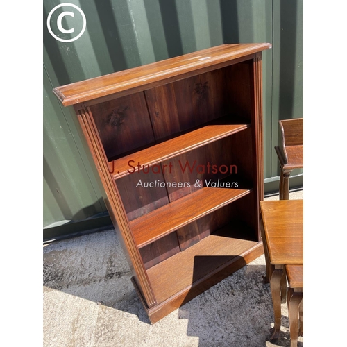 356 - Mahogany open fronted bookcase together with mahogany book table and mahogany nest of three