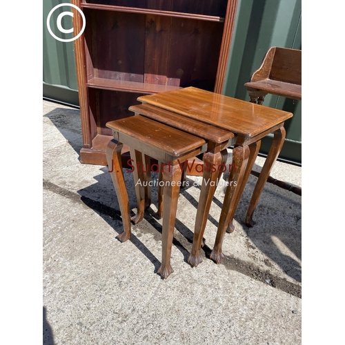 356 - Mahogany open fronted bookcase together with mahogany book table and mahogany nest of three